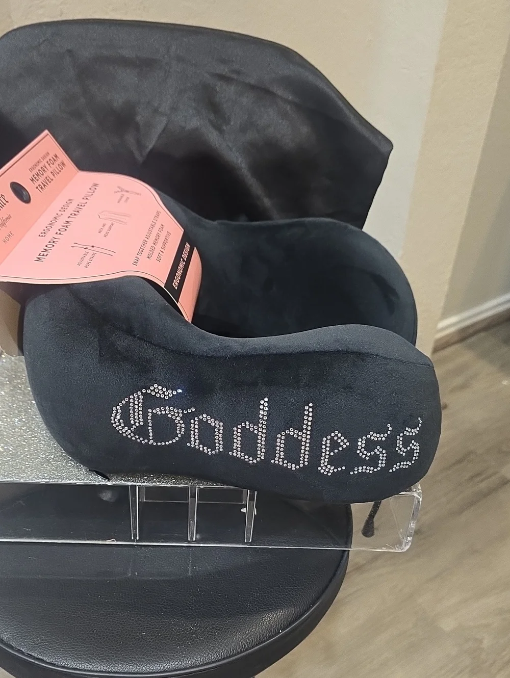 Juicy Couture Home Rhinestone Goddess Memory Foam Travel Pillow- Black